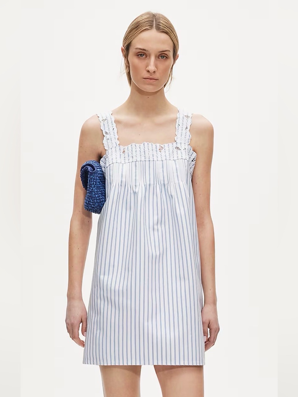 NWT J.Crew Blue White Striped Cutwork Embroidered Pintuck Cotton Mini Dress XS